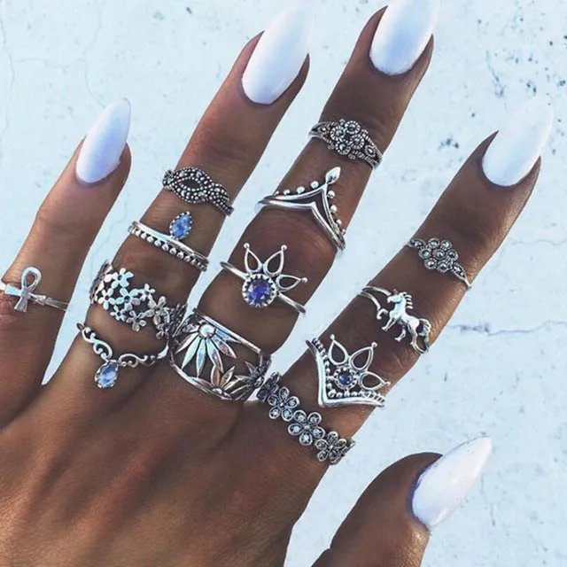 Meyfflin Vintage Knuckle Ring Set for Women Fashion Anel Aneis Bague Femme Stone Silver Midi Finger Rings Boho Jewelry 10pcs/Set
