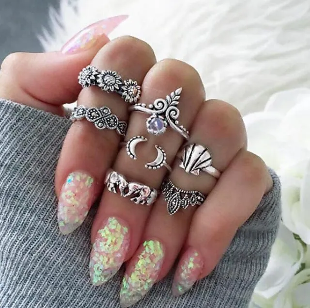Meyfflin Vintage Knuckle Ring Set for Women Fashion Anel Aneis Bague Femme Stone Silver Midi Finger Rings Boho Jewelry 10pcs/Set