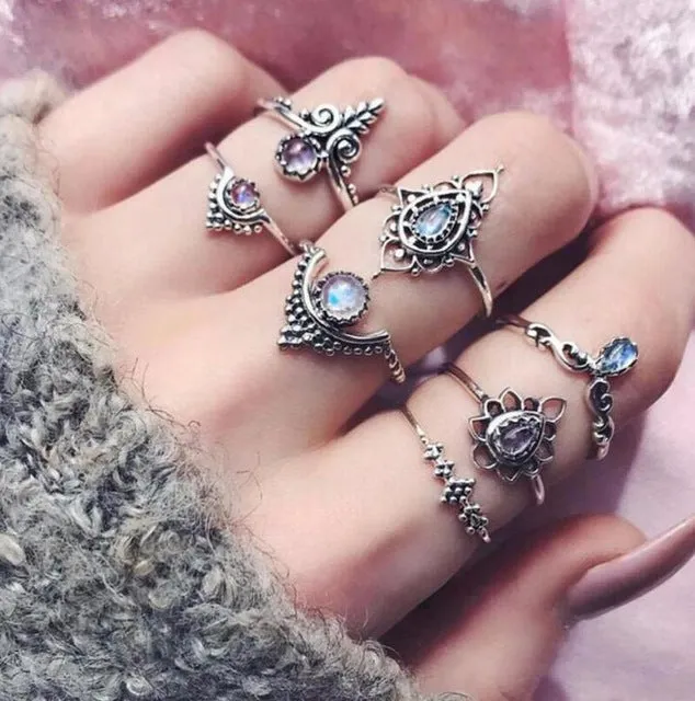 Meyfflin Vintage Knuckle Ring Set for Women Fashion Anel Aneis Bague Femme Stone Silver Midi Finger Rings Boho Jewelry 10pcs/Set
