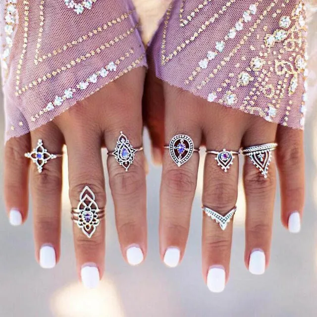 Meyfflin Vintage Knuckle Ring Set for Women Fashion Anel Aneis Bague Femme Stone Silver Midi Finger Rings Boho Jewelry 10pcs/Set