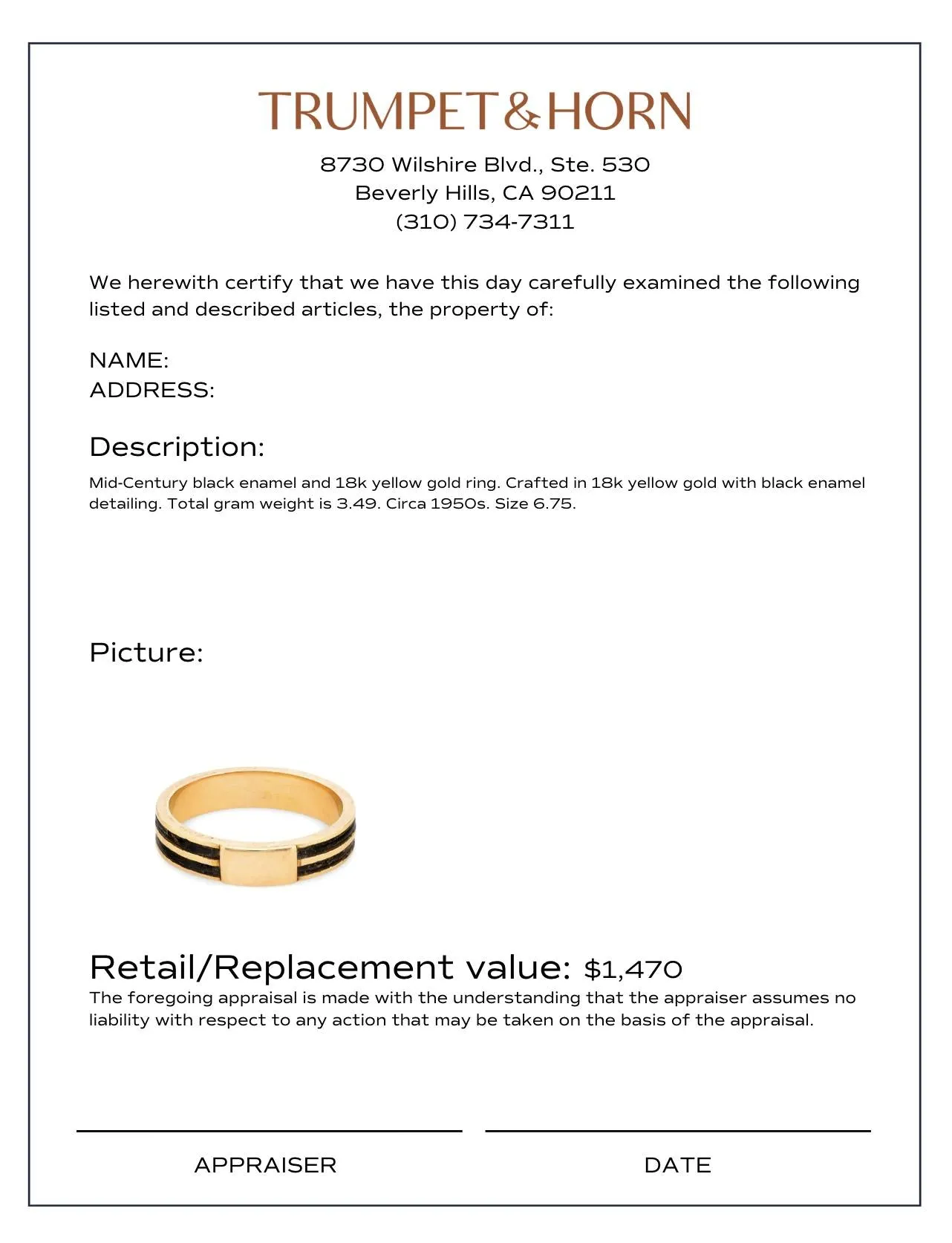 Mid Century 18k yellow gold enamel stripe band