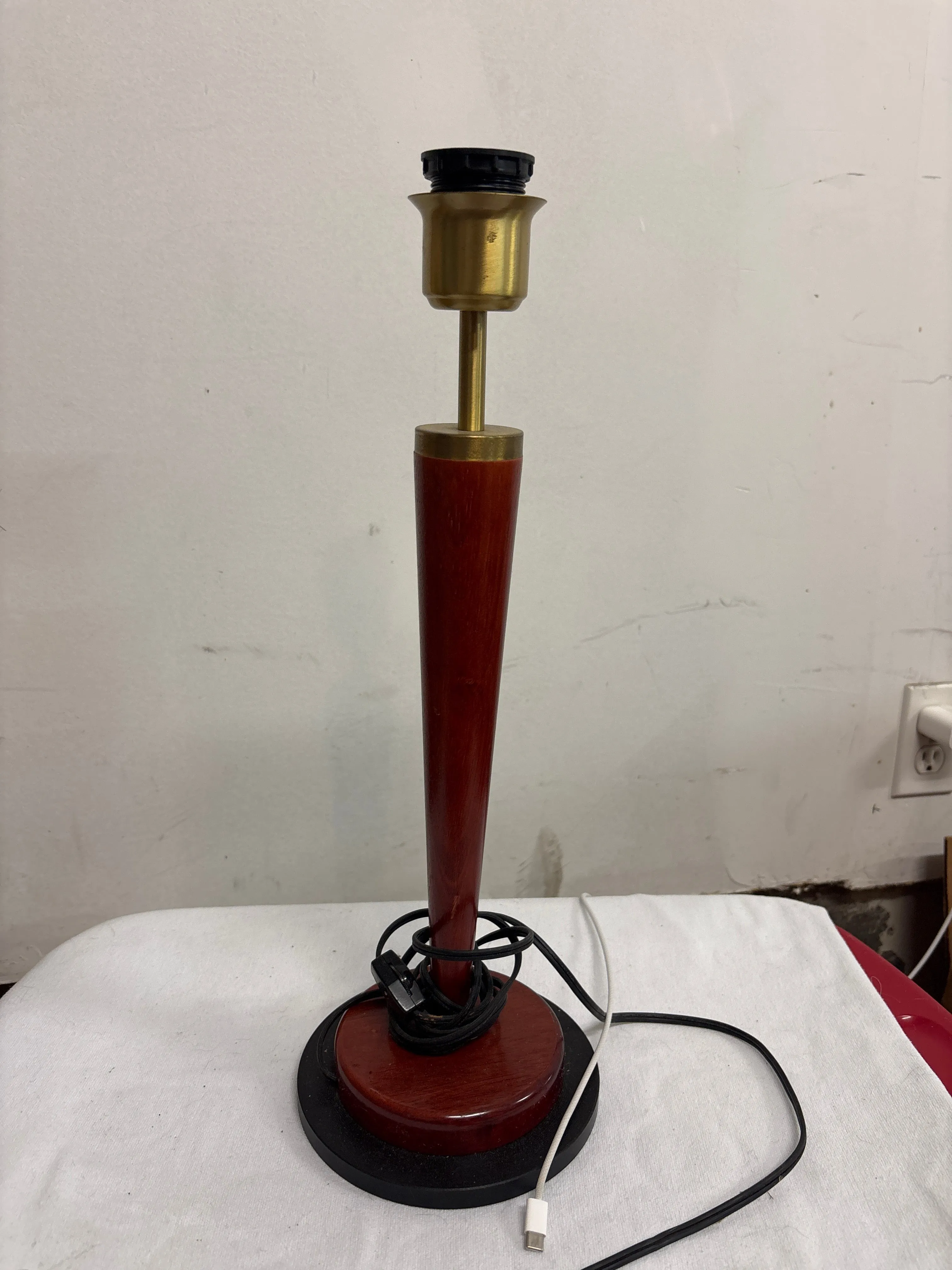 Mid-Century French Wood and Brass Lamp