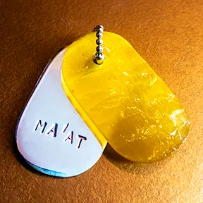 MINI Talisman of Yellow Glass with Neolithic technology Flintknapping and Silver "MA'AT" Stamped Goddess Tag Necklace