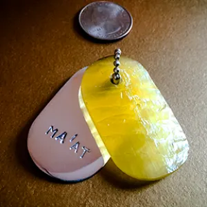 MINI Talisman of Yellow Glass with Neolithic technology Flintknapping and Silver "MA'AT" Stamped Goddess Tag Necklace