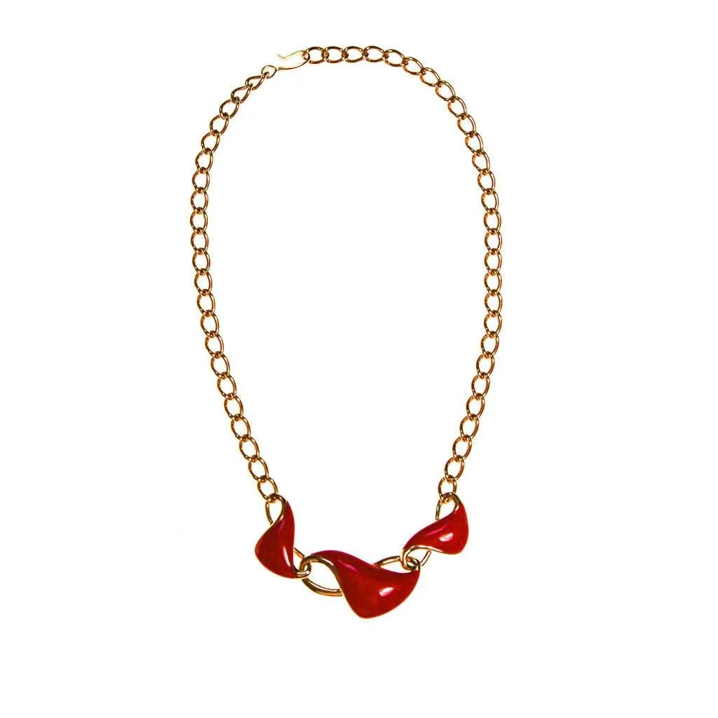 Monet Red Enamel and Gold Chain Link Necklace