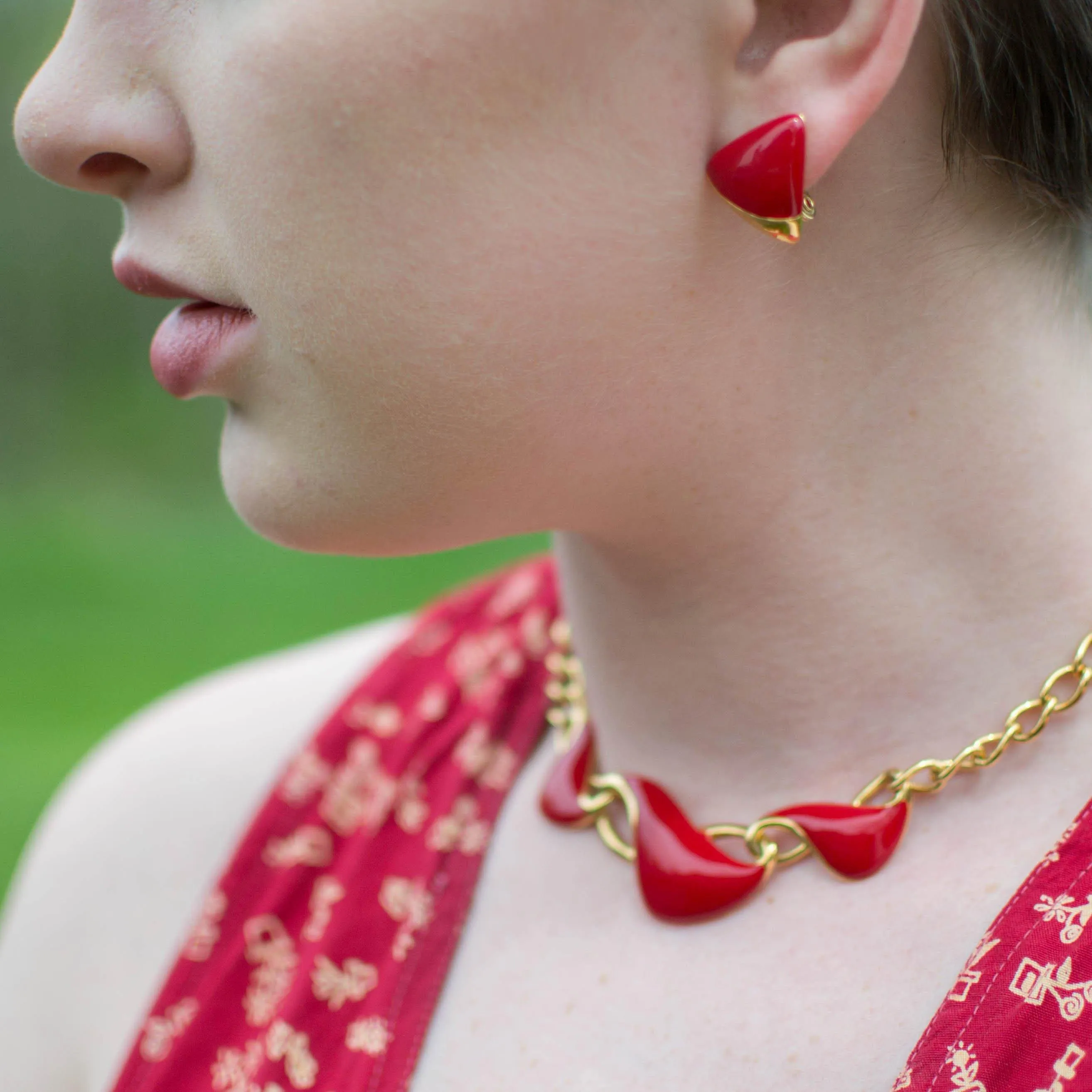 Monet Red Enamel and Gold Chain Link Necklace