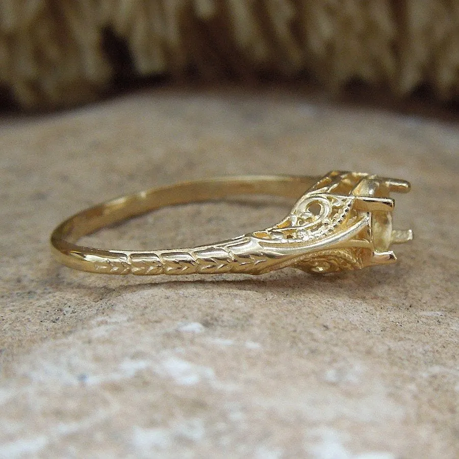 MOUNTING ONLY: Petite Engraved Ring Mounting in White or Yellow Gold - 4 to 4.5mm Stone
