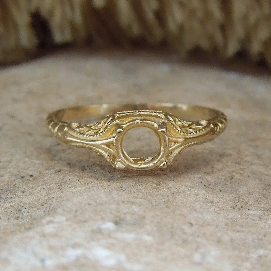 MOUNTING ONLY: Petite Engraved Ring Mounting in White or Yellow Gold - 4 to 4.5mm Stone