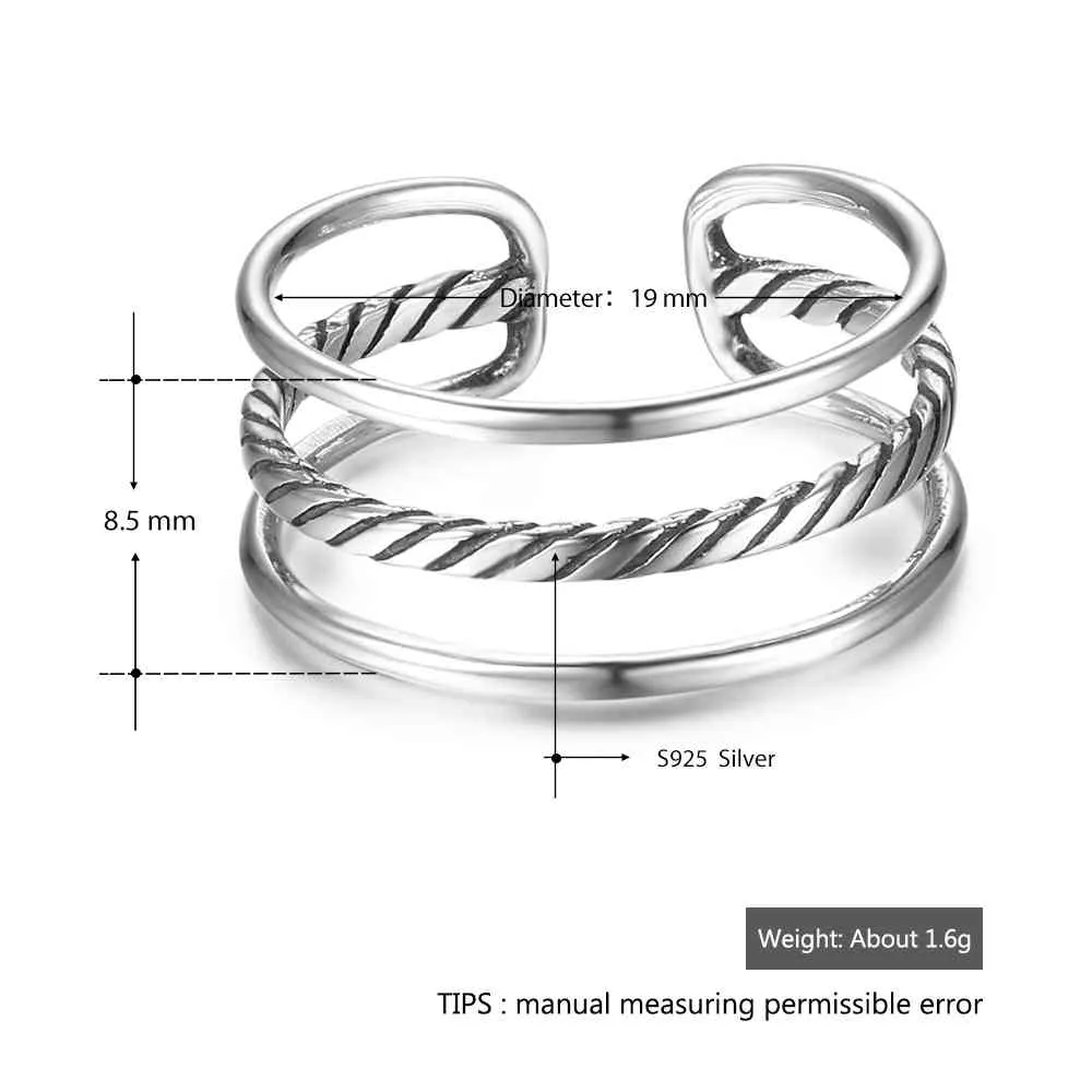 New Women Real 925 Sterling Silver Ring Open Adjustable Finger Ring with 3 Layers Trendy Style Gift for Girls