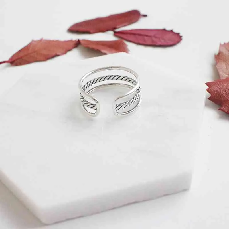 New Women Real 925 Sterling Silver Ring Open Adjustable Finger Ring with 3 Layers Trendy Style Gift for Girls