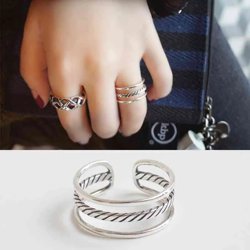 New Women Real 925 Sterling Silver Ring Open Adjustable Finger Ring with 3 Layers Trendy Style Gift for Girls