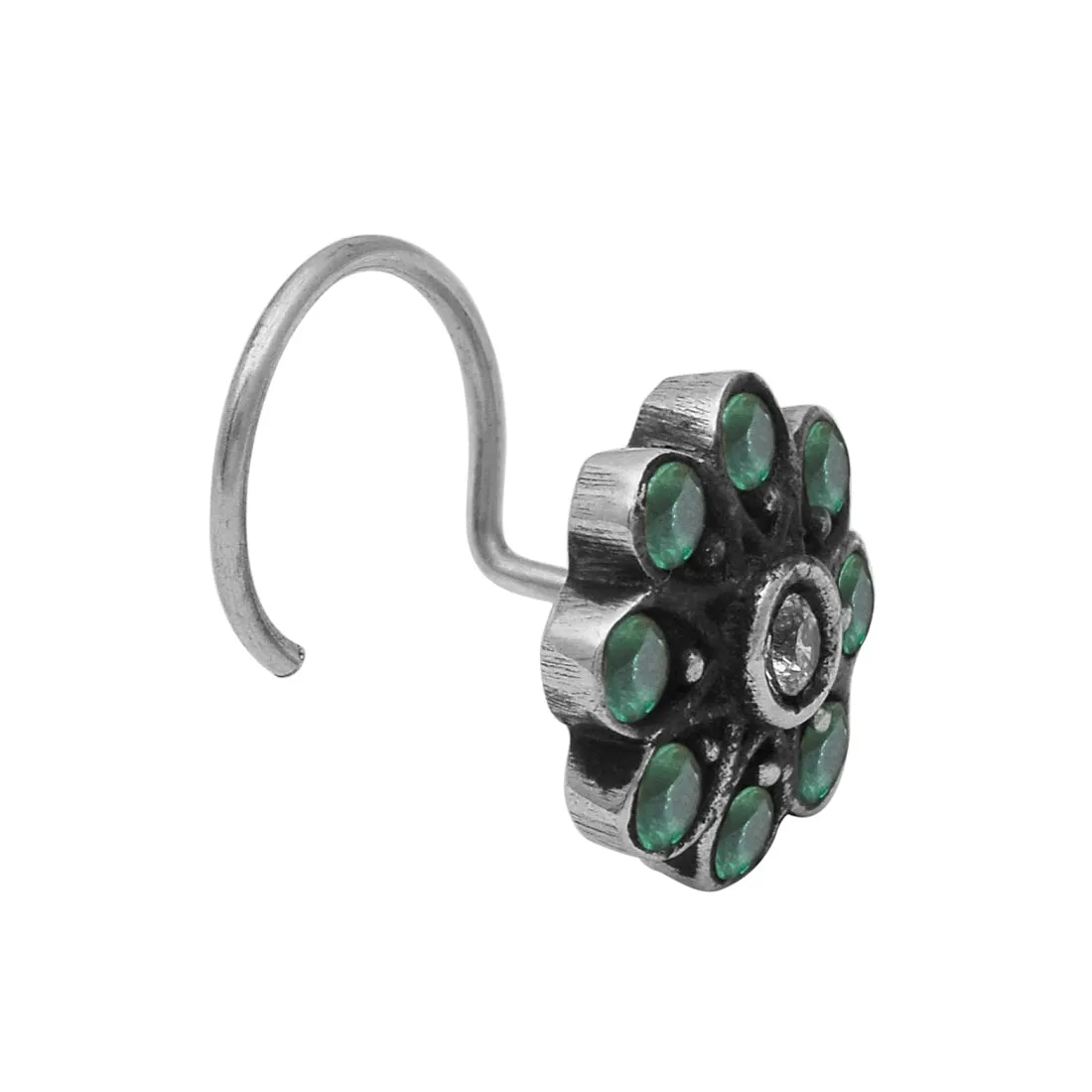 Oxidized Silver Plated Nose Pin For Women Green Gemstone Vintage Traditional Nose Pin