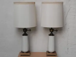 Pair Stiffel White Ceramic Cast Brass Heavy Lamps With Original Shades