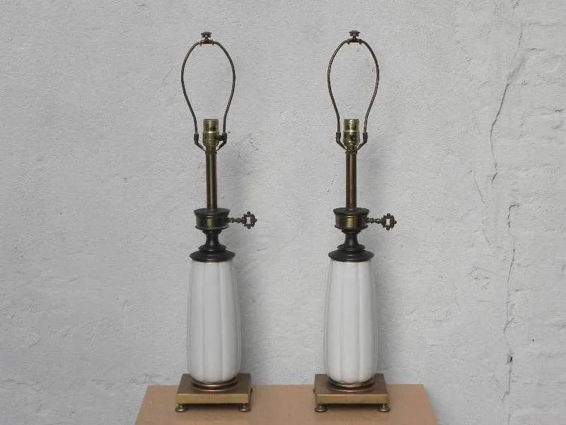 Pair Stiffel White Ceramic Cast Brass Heavy Lamps With Original Shades