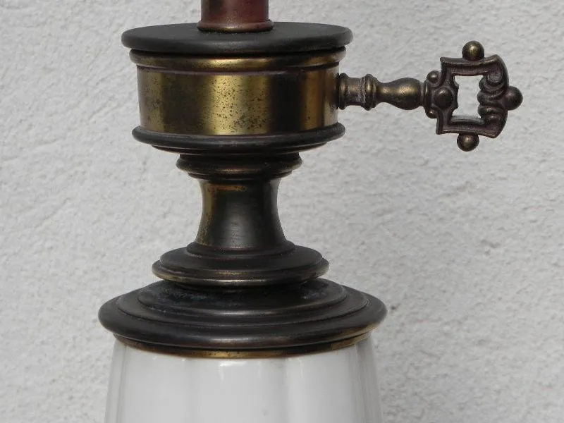 Pair Stiffel White Ceramic Cast Brass Heavy Lamps With Original Shades