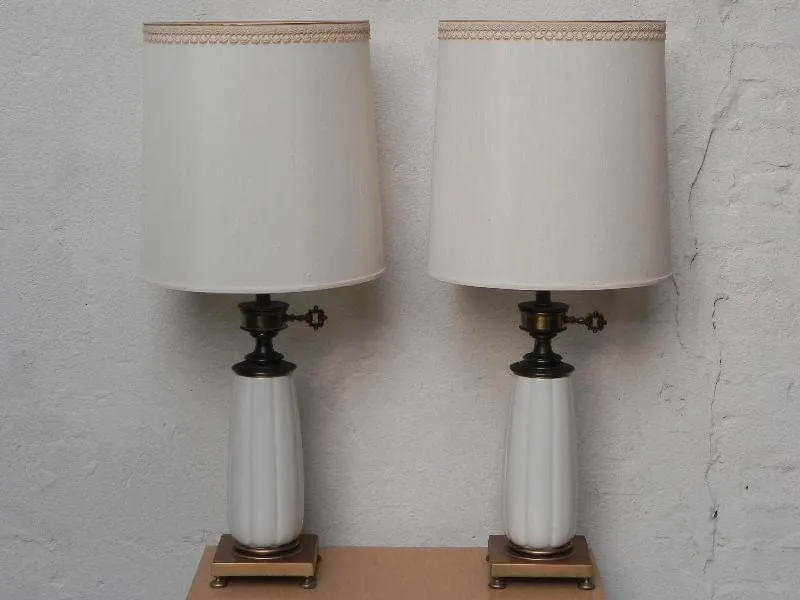 Pair Stiffel White Ceramic Cast Brass Heavy Lamps With Original Shades