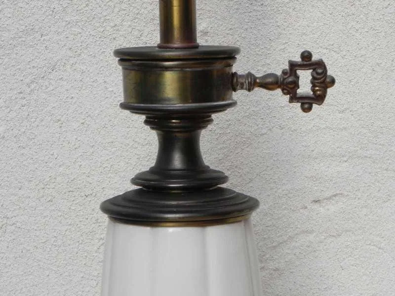 Pair Stiffel White Ceramic Cast Brass Heavy Lamps With Original Shades