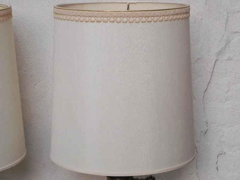 Pair Stiffel White Ceramic Cast Brass Heavy Lamps With Original Shades