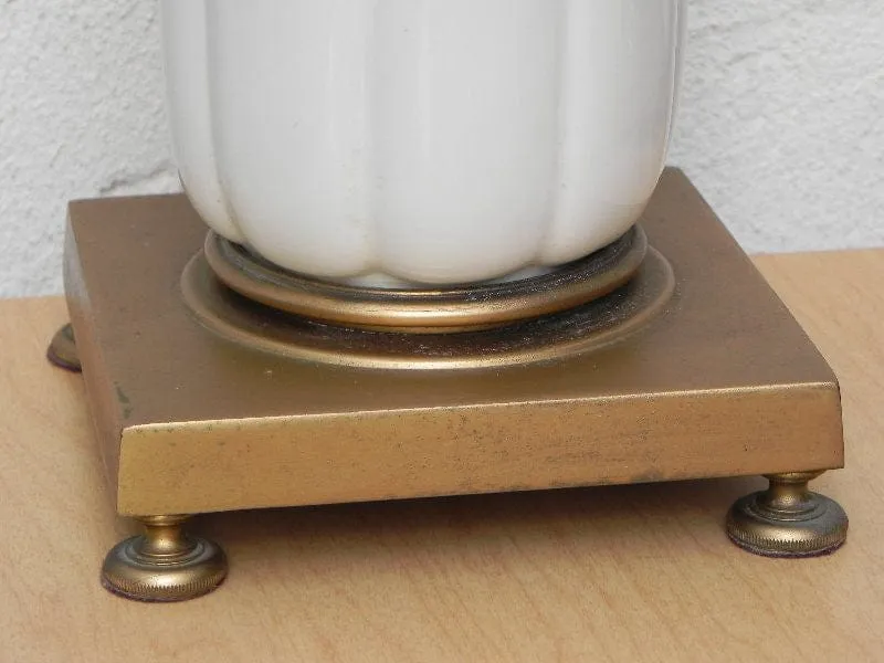 Pair Stiffel White Ceramic Cast Brass Heavy Lamps With Original Shades