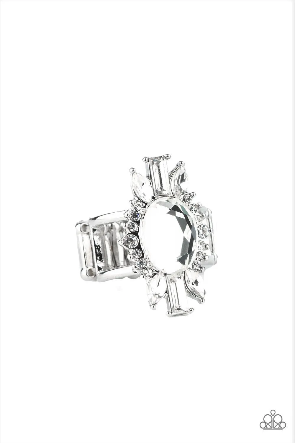 Paparazzi " Icy Icon " Silver Metal Clear & White Rhinestone Elastic Back Ring
