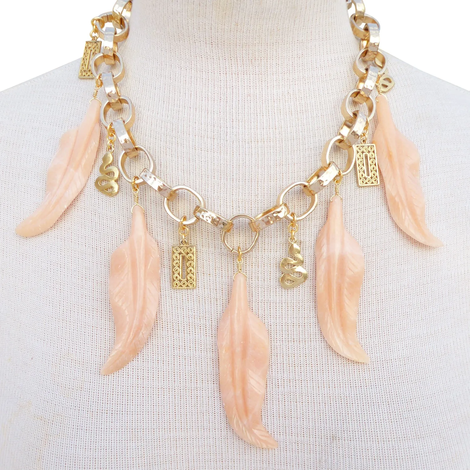 Peach aventurine feather necklace