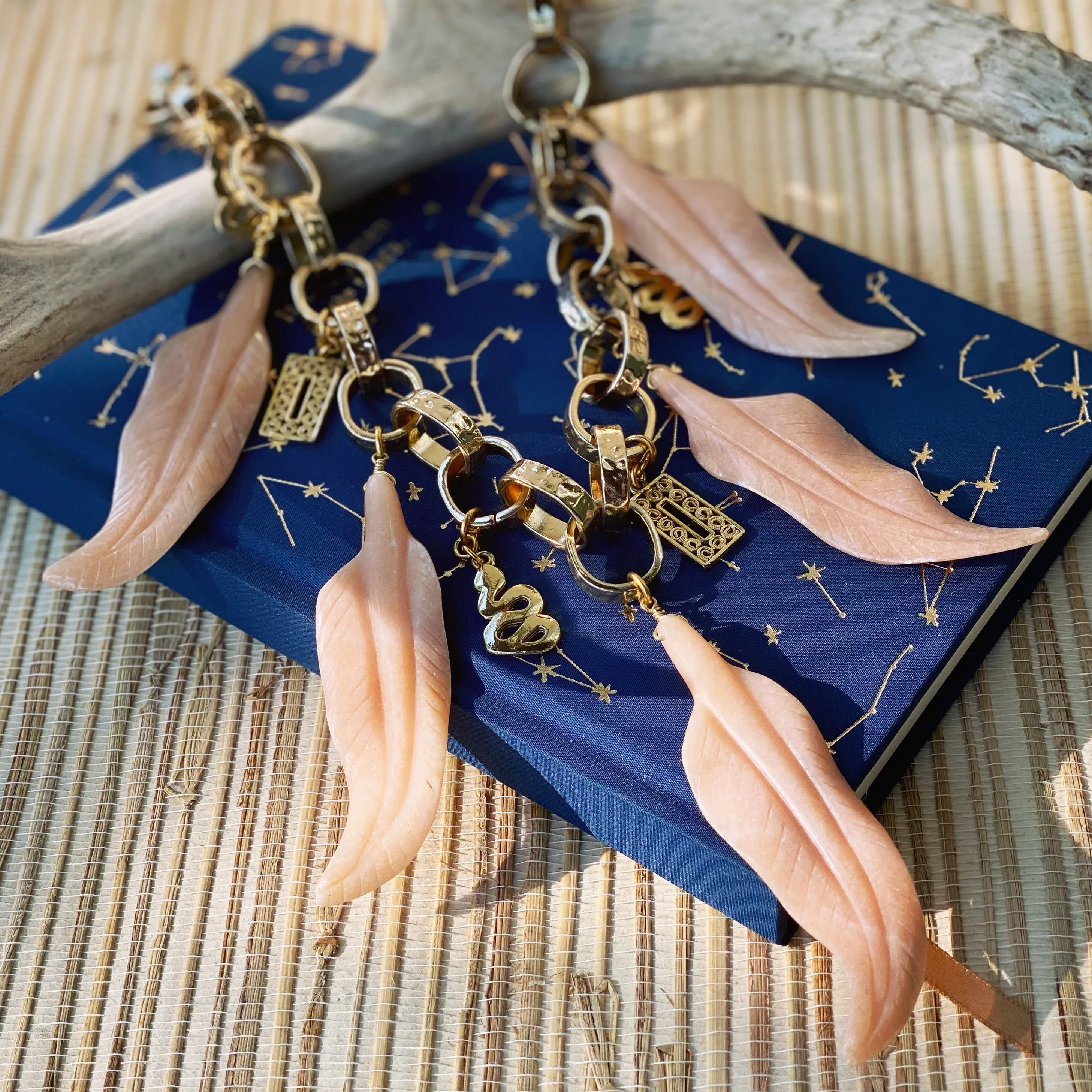 Peach aventurine feather necklace