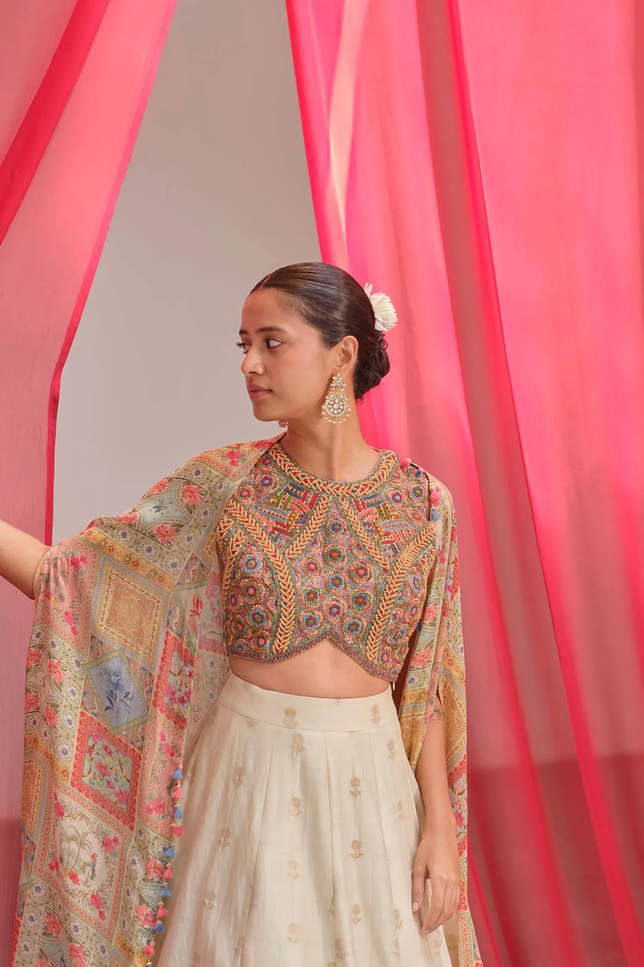 Pearl chanderi lehenga cape set
