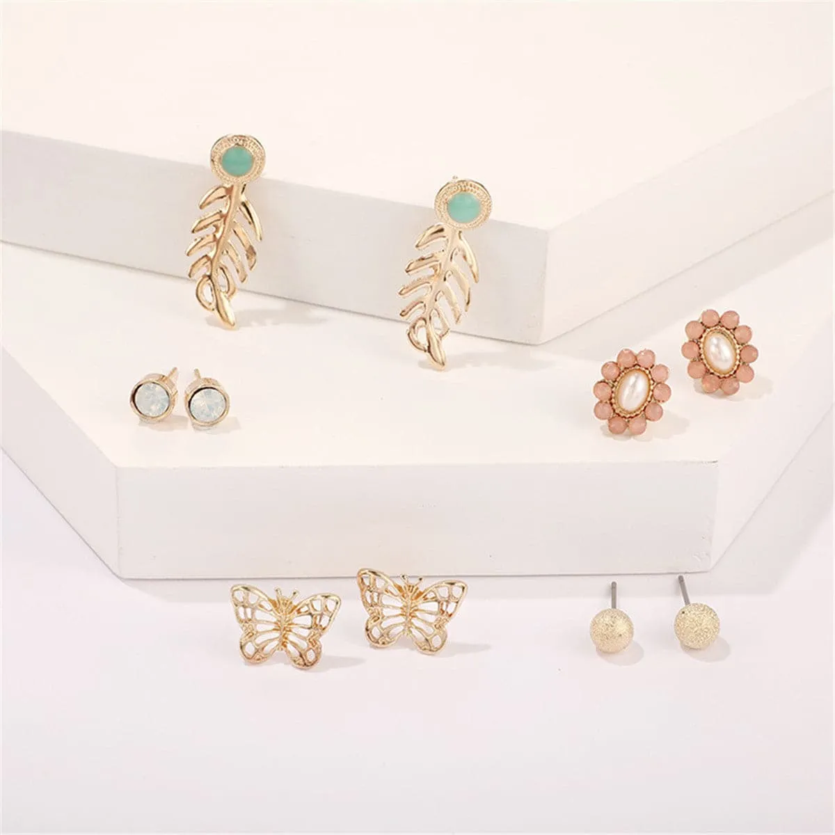 Pink Cubic Zirconia & 18K Gold-Plated Flower Stud Earrings Set