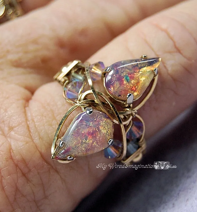 Pink Opal, 1950's West German Vintage Glass, 2 Stone Handmade Ring , 14K GF US Size 8