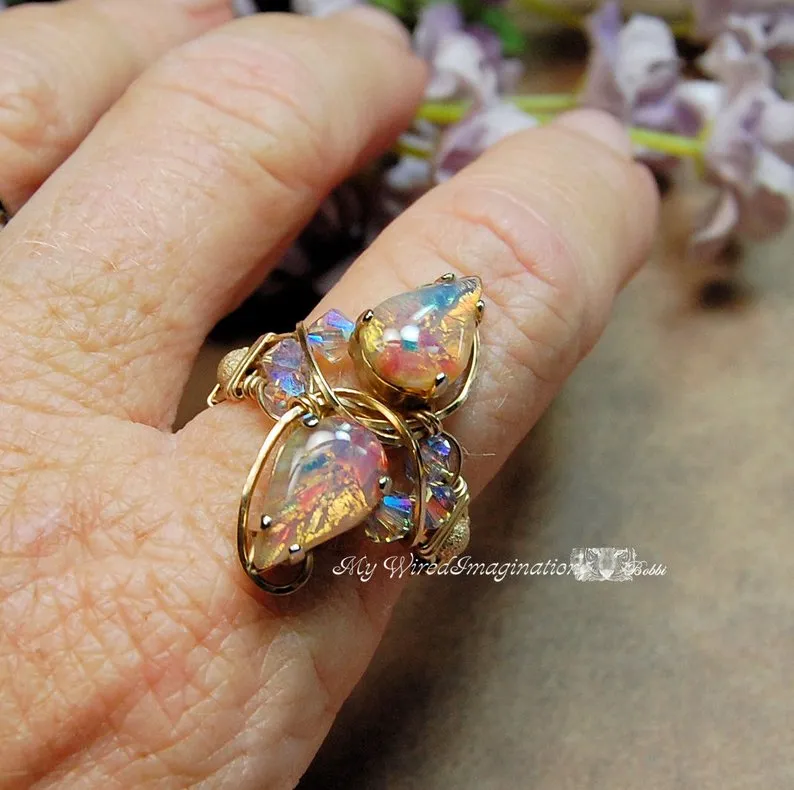 Pink Opal, 1950's West German Vintage Glass, 2 Stone Handmade Ring , 14K GF US Size 8