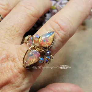 Pink Opal, 1950's West German Vintage Glass, 2 Stone Handmade Ring , 14K GF US Size 8