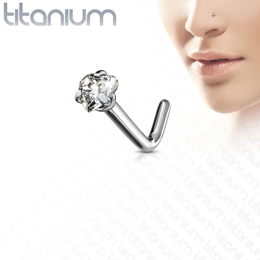 Prong Set Heart Shape CZ Solid Titanium L Blend Nose Stud Ring