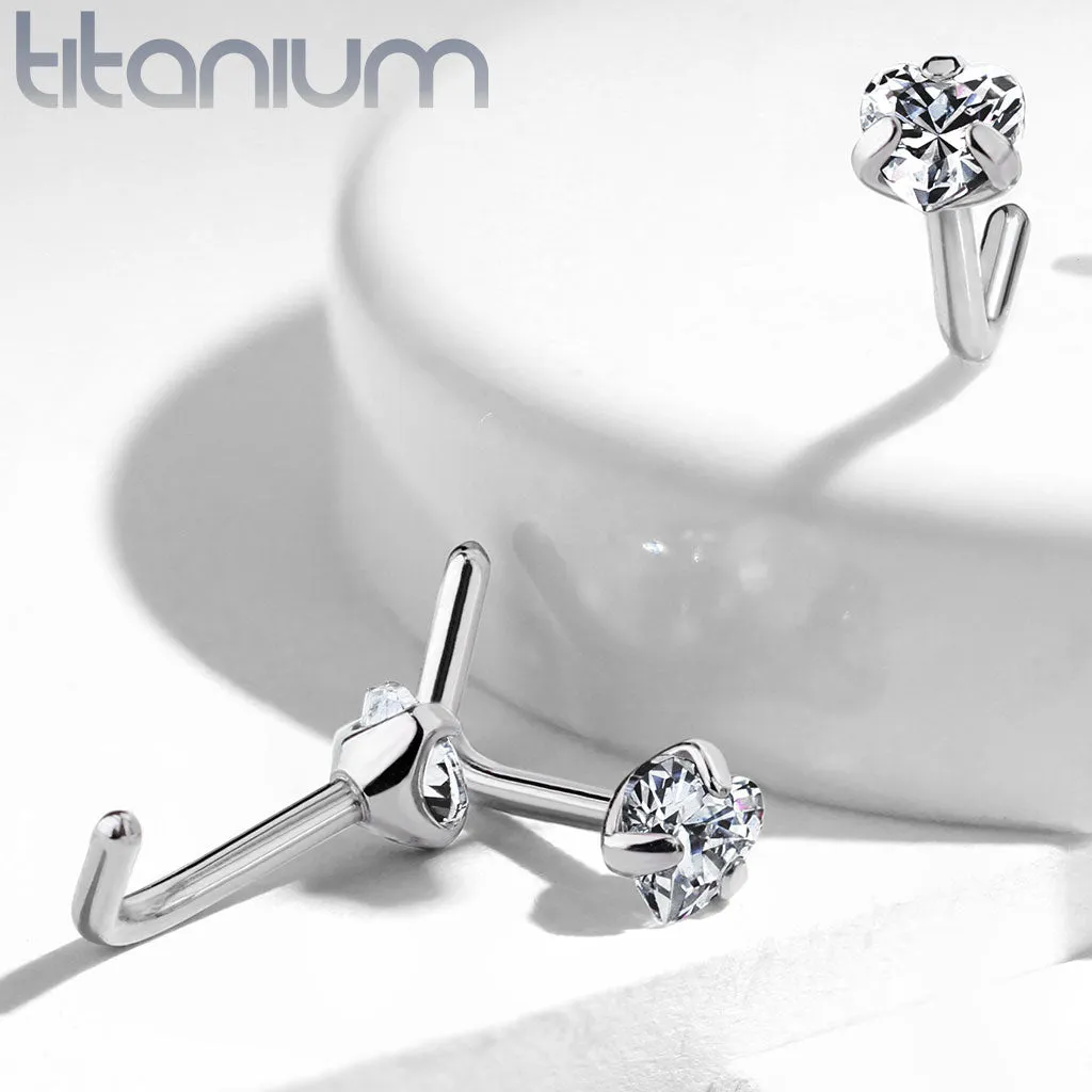 Prong Set Heart Shape CZ Solid Titanium L Blend Nose Stud Ring