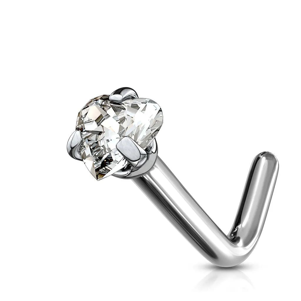 Prong Set Heart Shape CZ Solid Titanium L Blend Nose Stud Ring