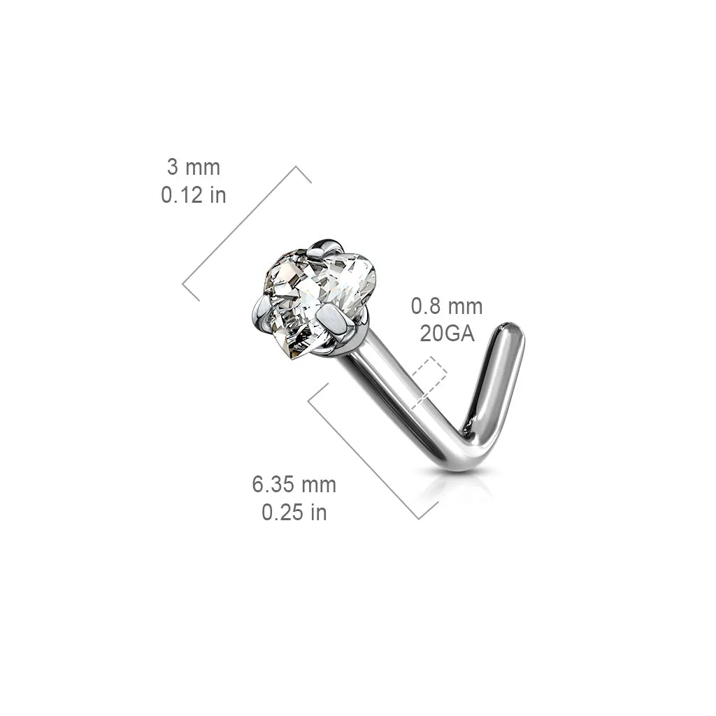 Prong Set Heart Shape CZ Solid Titanium L Blend Nose Stud Ring