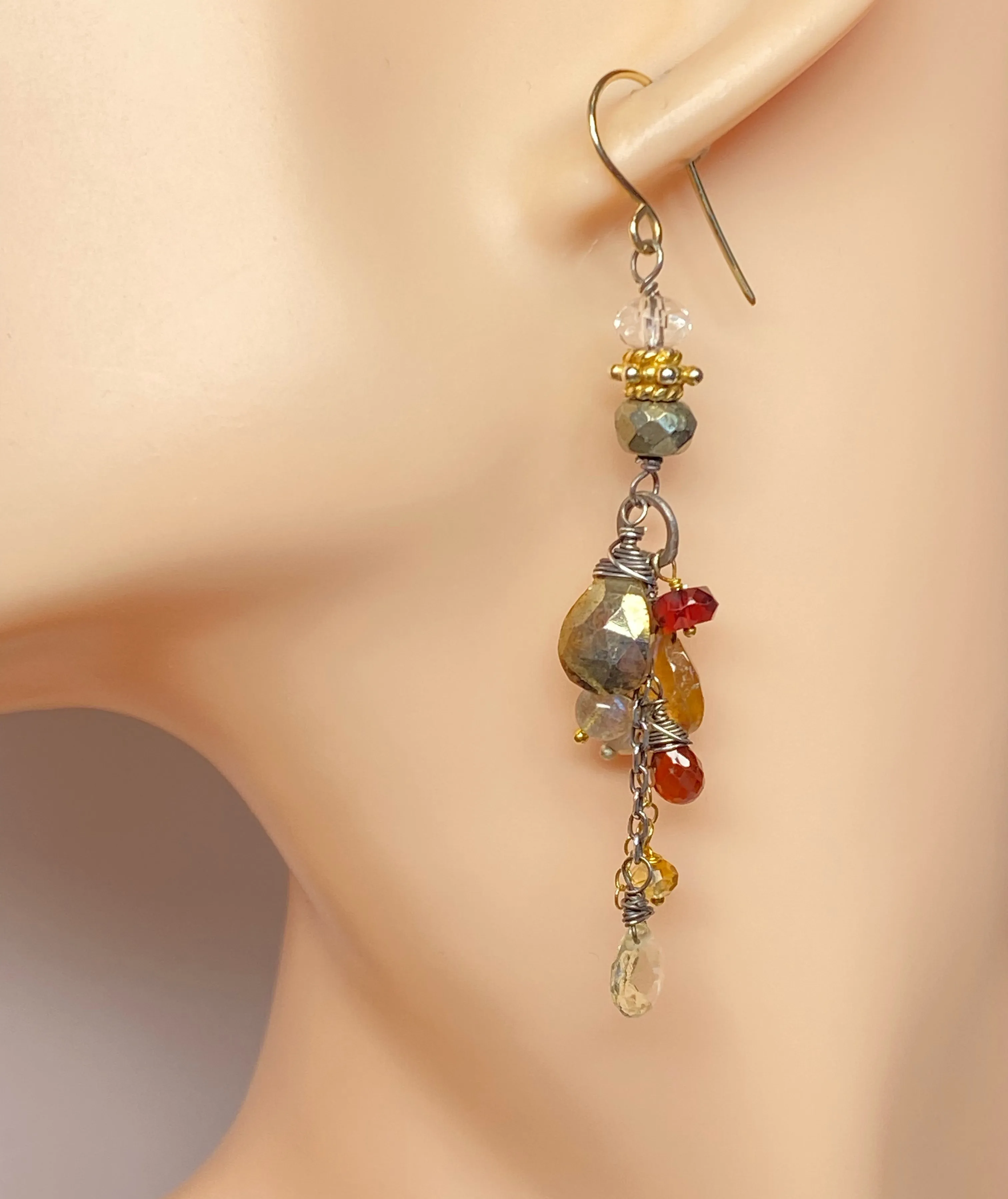 Pyrite Garnet Mixed Metal Long Dangle Earrings