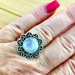 Rainbow Moonstone Flower Solid 925 Sterling Silver Ring