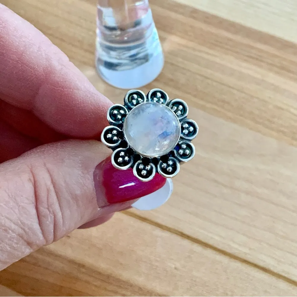 Rainbow Moonstone Flower Solid 925 Sterling Silver Ring