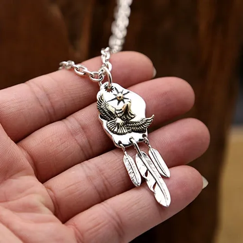Real 925 Sterling Silver Pendant Eagle Feather Sun Bohemian Jewelry