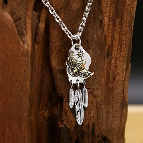 Real 925 Sterling Silver Pendant Eagle Feather Sun Bohemian Jewelry