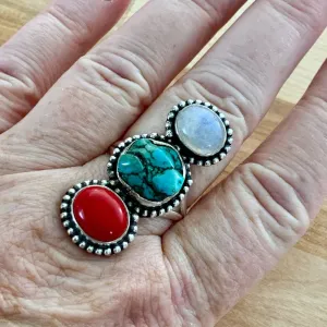Red Coral Turquoise Howlite Moonstone Solid 925 Sterling Silver Ring
