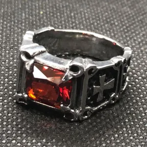 RED "Gypsy Queen" Faceted Rectangle Stainless Steel Ring with Crosses (#346RED)
