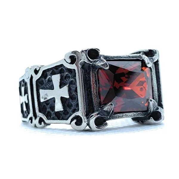 RED "Gypsy Queen" Faceted Rectangle Stainless Steel Ring with Crosses (#346RED)