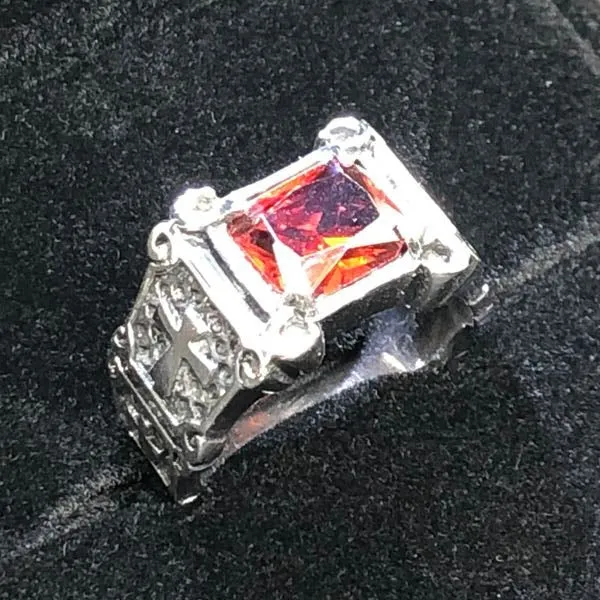 RED "Gypsy Queen" Faceted Rectangle Stainless Steel Ring with Crosses (#346RED)