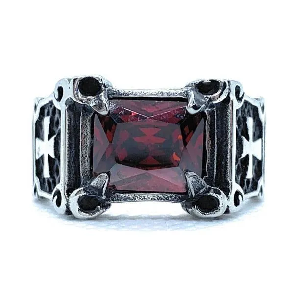 RED "Gypsy Queen" Faceted Rectangle Stainless Steel Ring with Crosses (#346RED)