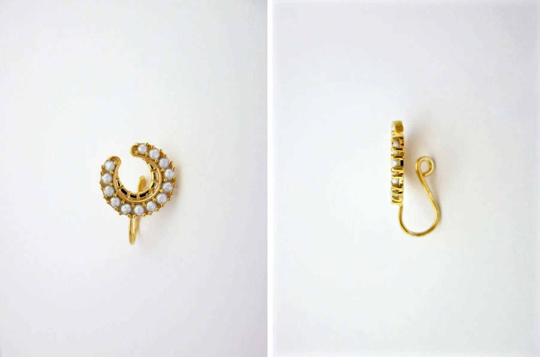 Regal, gold-plated, seed pearls studded, crescent nose pin