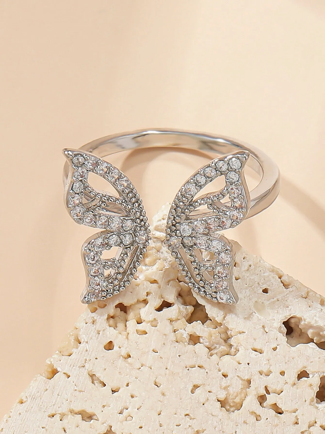 Rhinestone Butterfly Decor Cuff Ring - Silver