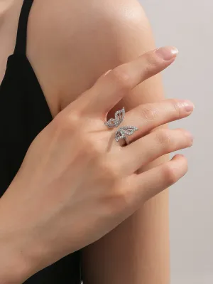 Rhinestone Butterfly Decor Cuff Ring - Silver