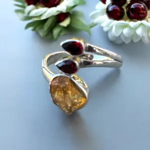 Rough Citrine & Garnet Solid 925 Sterling Silver Ring Adj