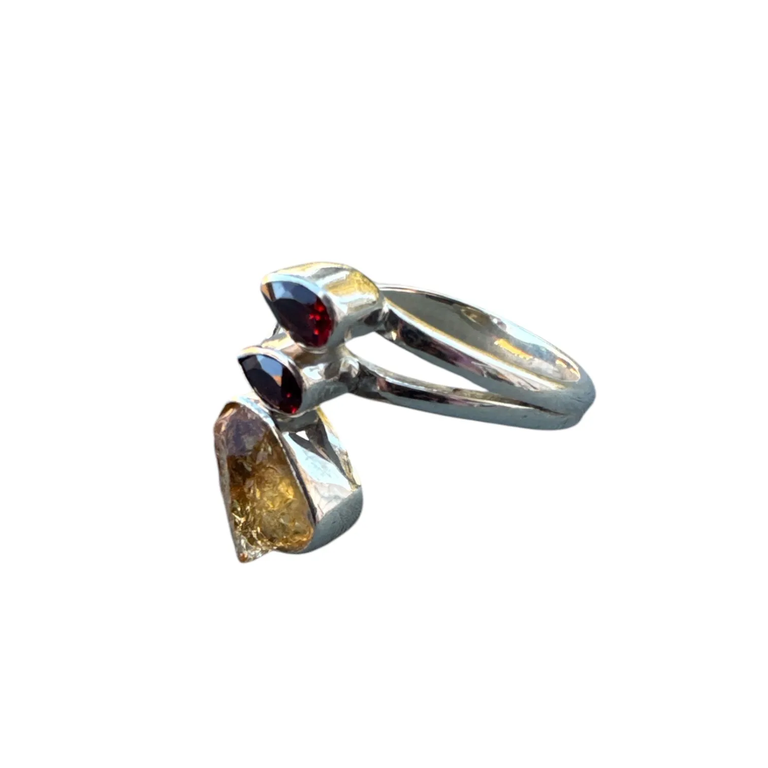 Rough Citrine & Garnet Solid 925 Sterling Silver Ring Adj
